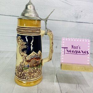 Vintage Original King Western Germany OBERAMMERGAU Handled Lidded 700 Beer Stein